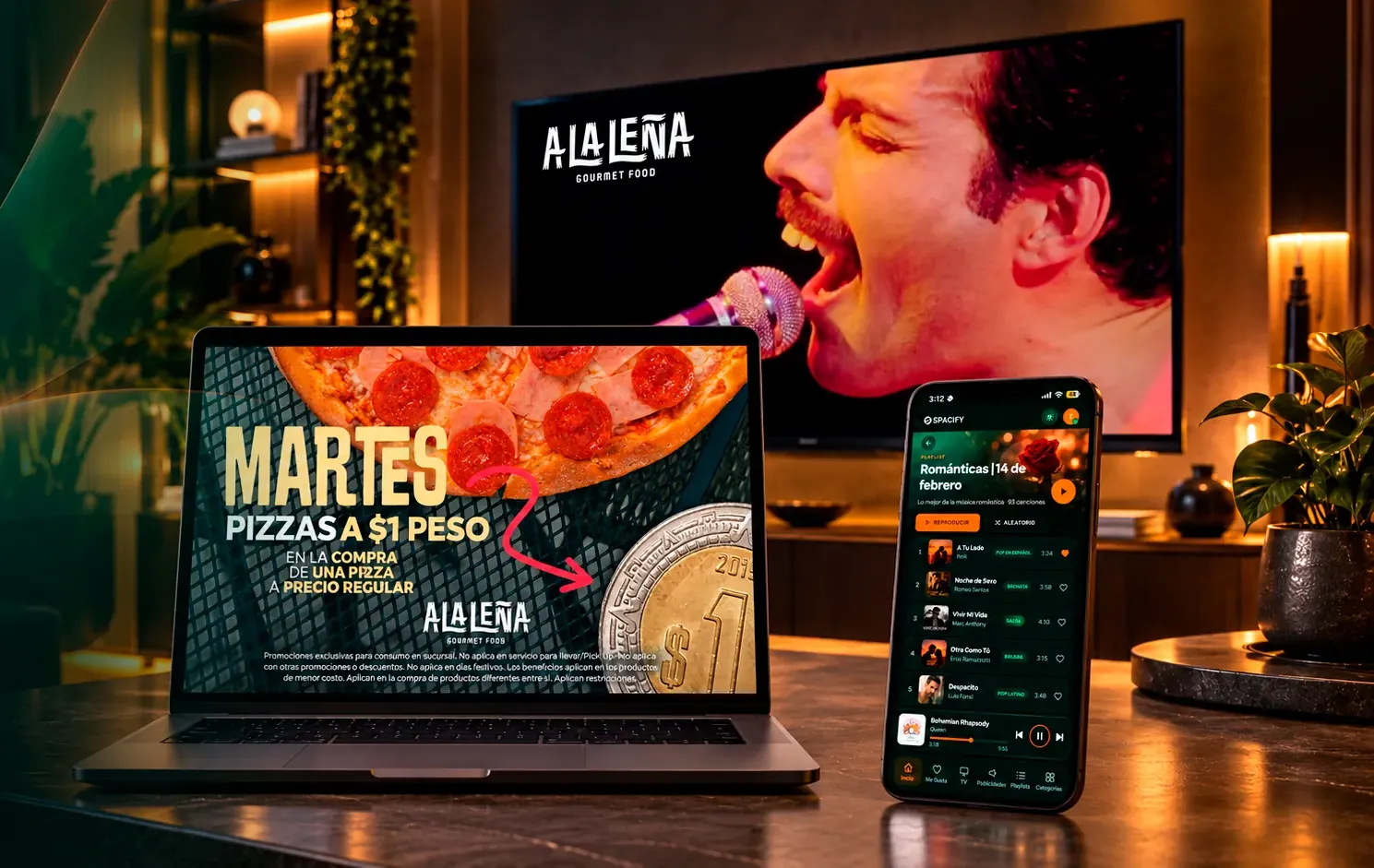 Spacify en un restaurante: la TV, la laptop y el celular muestran la misma música y promoción